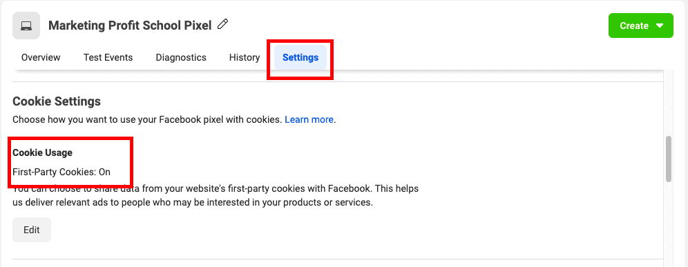 Screenshot Facebook Pixel Settings Enable First Party Cookies