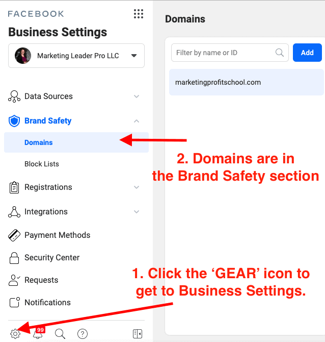 Screenshot verify your domain in Facebook Business Manager